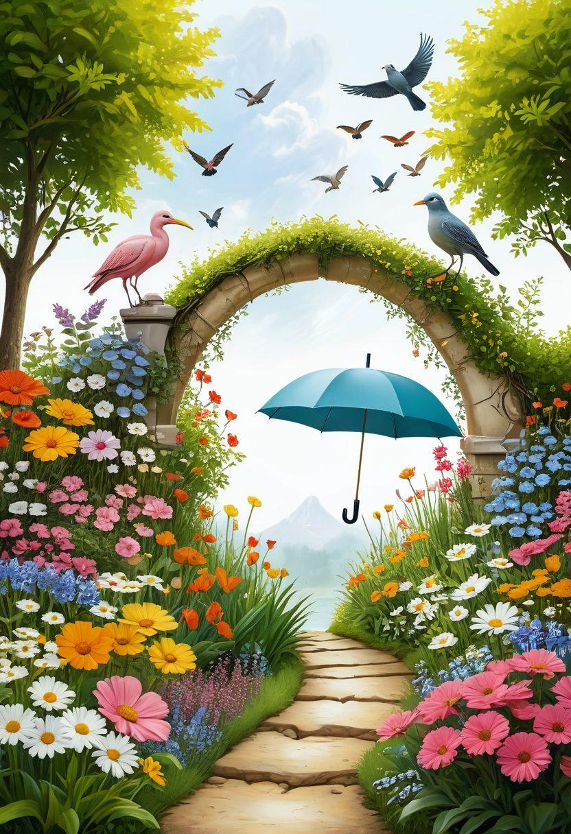 A tranquil landscape featuring a protective umbrella over a heart-shaped garden symbolizing love and affection, surrounded by various insurance icons like a shield, checkmark, and calculator. A friendly figure mapping out a strategic plan on a notepad, blending nature and financial themes. Soft pastel colors conveying warmth and security. Add a touch of whimsy with birds and flowers indicating growth. 3D. vibrant colors.