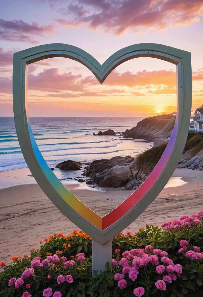 A heart-shaped shield made of insurance documents, surrounded by diverse couples embracing in various scenic locations, symbolizing protection and love. Soft pastel colors to evoke warmth and safety. Include elements like a house, car, and health symbols in the background. romantic illustration. vibrant colors. painterly style.