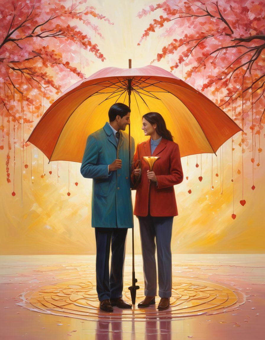 A heart entwined with a golden insurance policy, symbolizing the connection between love and financial security. In the background, an abstract representation of a family protected under a glowing umbrella, radiating warmth and safety. Soft pastel colors create a sense of trust and positivity. Illustrate a balanced scale with 'love' on one side and 'insurance' on the other, emphasizing their equal importance. vibrant colors. minimalistic design.